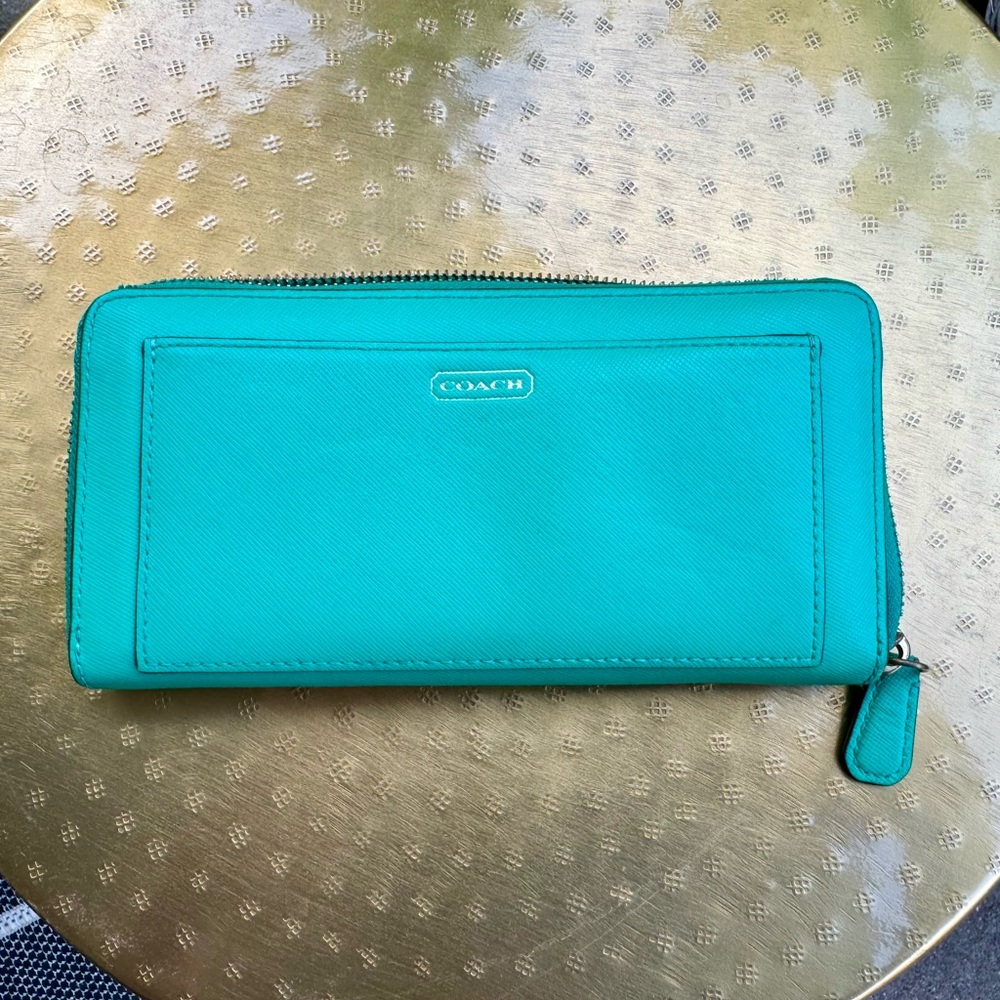 COACH turquoise/teal leather accordion zip-around wallet